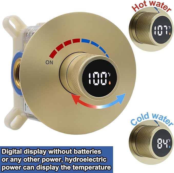 Round Digital Display Shower Valve Shower Diverter Single Way Shower Mixing Valve Concealed Installation in Wall for Bathroom Brushed Gold