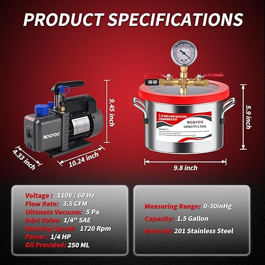1.5 Gallon Vacuum Chamber Kit with 3.5 CFM Vacuum Pump, Stainless Steel Degassing Chamber with Acrylic Lid, Hose, for Resin, Silicone, Epoxy and Wood Stabilizing