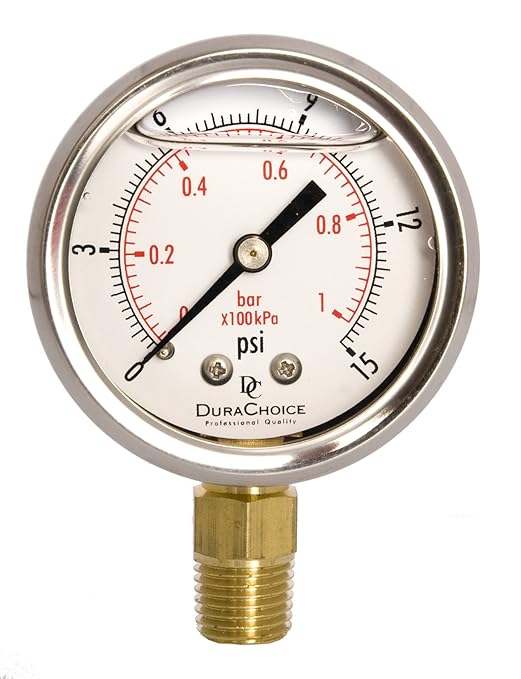 2" Oil Filled Pressure Gauge - Stainless Steel Case, Brass, 1/4" NPT, Lower Mount Connection, 0-15PSI
