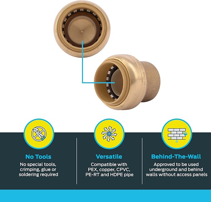 SharkBite 1 Inch Push Cap, Pack of 6, Push to Connect Brass Plumbing Fitting, PEX Pipe, Copper, CPVC, PE-RT, HDPE, U520LF