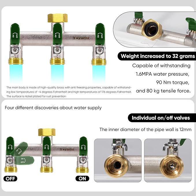 3 Way Garden Hose Splitter, Heavy Duty Brass Nickel Plated Rust Resistant Faucet Manifold, 3/4" Frost Resistant Outdoor Hose Adapter Connector，Hose Spigot Adapter with 3 Large Green Handles