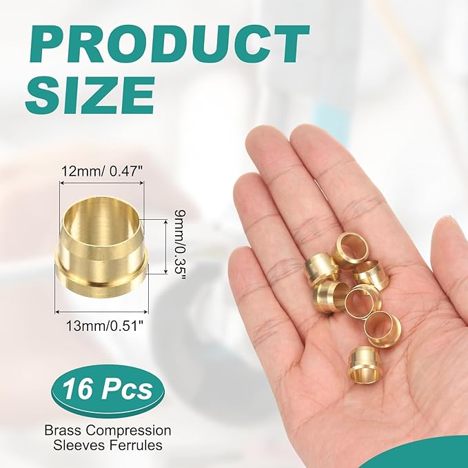 PATIKIL 10 mm OD Tube Compression Sleeves Ferrules, 16 Pack Brass Ferrule Compression Fittings for Water Oil Air Pipes
