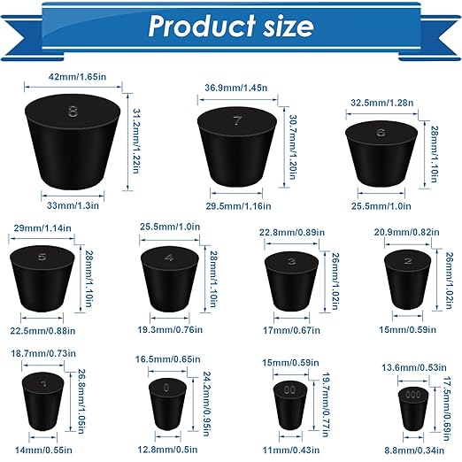 24Pcs Solid Rubber Stopper 11 Assorted Sizes 000# - 8# for Flask, Plug Holes, Lab Seal Rubber Stoppers