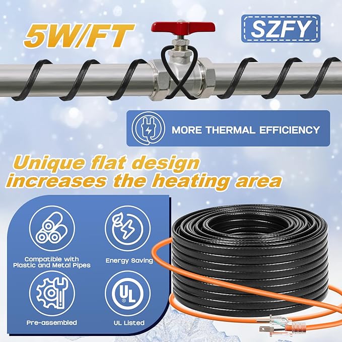 3FT~200FT Heat Tape for Water Pipes, -40°F Deicing Cable,Pipe Heat Cables for Roof,Gutter，Farm，Freeze Protetion Heating Wires, Heated Water Hose,Plumbing Fixtures,120V 5W/FT (80FT)
