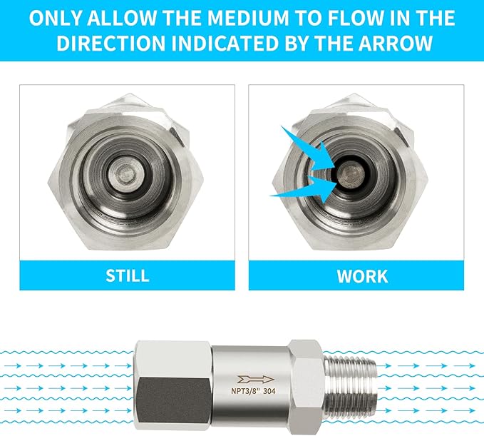 ChillWaves 304 Stainless Steel In-Line Split Check Valve 3/8" NPT Male x 3/8" NPT Female Thread, One-Way Non-return Check Valve，Prevent Water Back-flow(1-PACK)