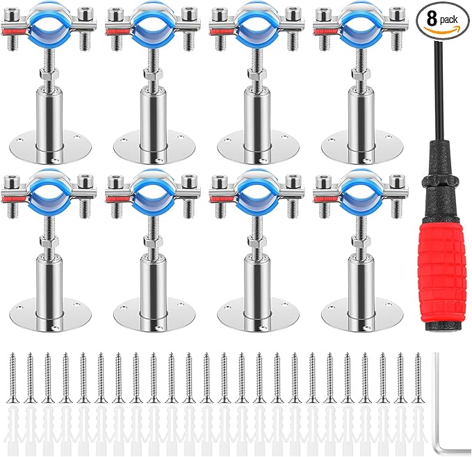 8 Pcs 304 Stainless Steel Wall Mount Ceiling Mount Pipe Supports Bracket, Suitable for OD 1"(32-34mm), Adjustable Height 50-100mm, Pipe Strap Clamp with Screws Screwdriver