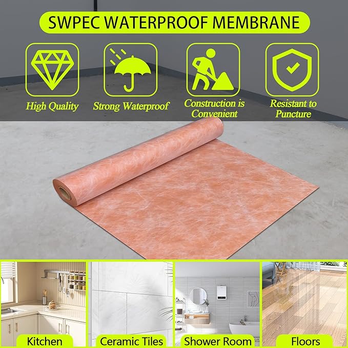 Waterproof Membrane 23.6mils/0.6mm Thickness 3.3x98.4’/ 323 Sq Ft Tile Underlayment Waterproofing Membrane PE Fabric for Shower Walls, Bathroom Floors, Sauna Room, Roof Polyethylene Fabric Roll Roof