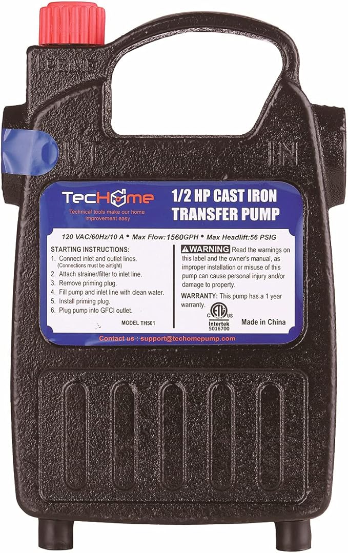 1/2 HP Cast Iron Transfer Pump, 120V 1560GPH Water Pump, High Pressure Transfer Pump with Suction Strainer and Brass Connectors.