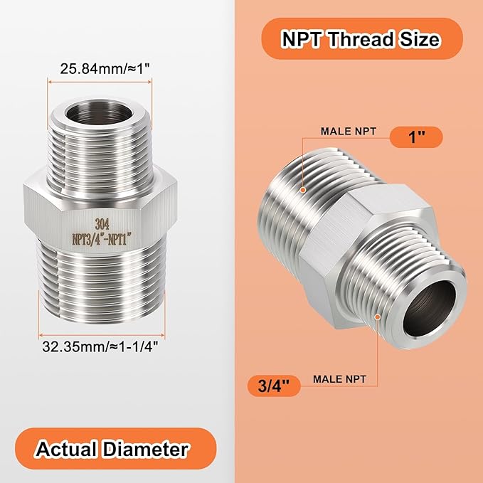 1 Pack 304 Stainless Steel Male to Male Adapter, 1" Male NPT x 3/4" Male NPT Hex Nipple Pipe Extension Fitting for Industrial, Automotive, Fluid Transfer, Home Gardening, Water