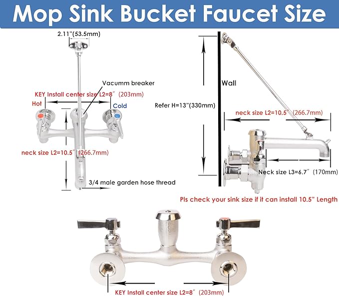 WHK Commercial Mop Sink Faucet with Vacuum Breaker Wall Mount Faucet 8" Adjustable Center,Pail Hook use for Hot Cold Water Utility Indoor/Outdoor,Garden(Brass,Rough Chrome)