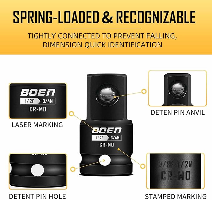 BOEN 10-Piece Impact Socket Adapter and Reducer Set, Standard SAE 1/4" 3/8" 1/2" 3/4", CR-MO Steel Driver & Wrench Conversion Kit Socket Reducer with 3/8" & 1/2" Universal Joint
