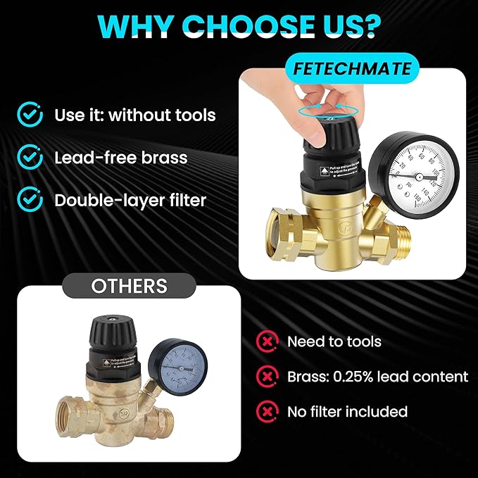 RV Water Pressure Regulator Lead-Free Brass Adjustable Water Pressure Reducer with Gauge and Screen Filter Use in Camper, Trailer, RV Plumbing System