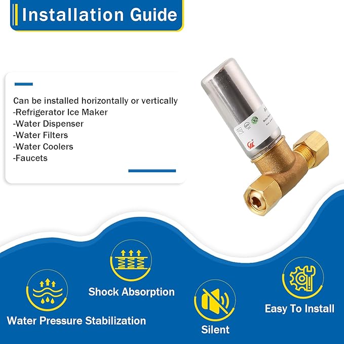 Water Hammer Arrestor 3/8" OD Comp x 3/8" FEM Comp Tee, Stainless Steel Hammer Arrestor, Applicable for Faucet, Dishwasher and Water Dispenser(Pack of 2)