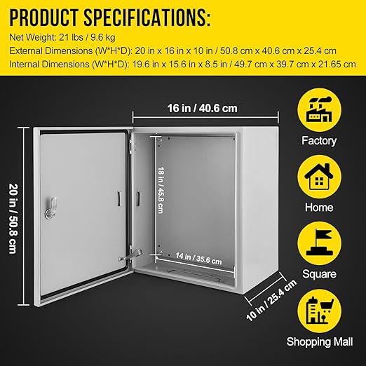 Outdoor Electrical Box,20x16x10 Steel Junction Box, NEMA 4X Electrical Enclosure Box IP66 Waterproof & Dustproof, Universal Electrical Project Box with Lock & Mounting Plate