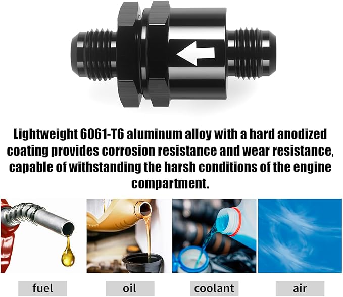 AN6 One Way Non Return Check Valve 6AN to AN6 Male Flare Inline Fitting Aluminum Black 2PCS