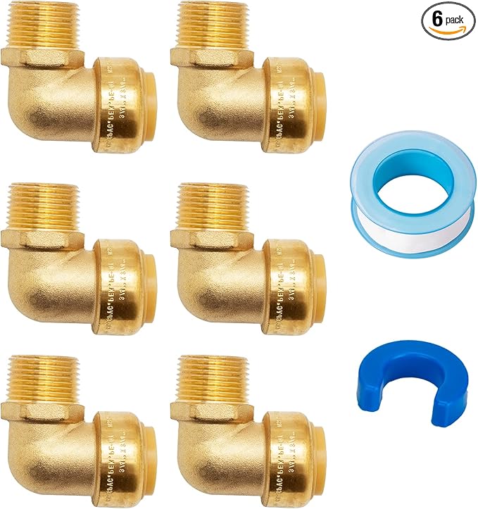 SUNGATOR 3/4 Inch Male Adapter Elbow, 3/4 Inch MNPT, No Lead Brass Push-to-Connect Plumbing Fittings for PEX Pipe, Copper, CPVC, with 1 Disconnect Clip and 1 Sealing Tape, Pack of 6