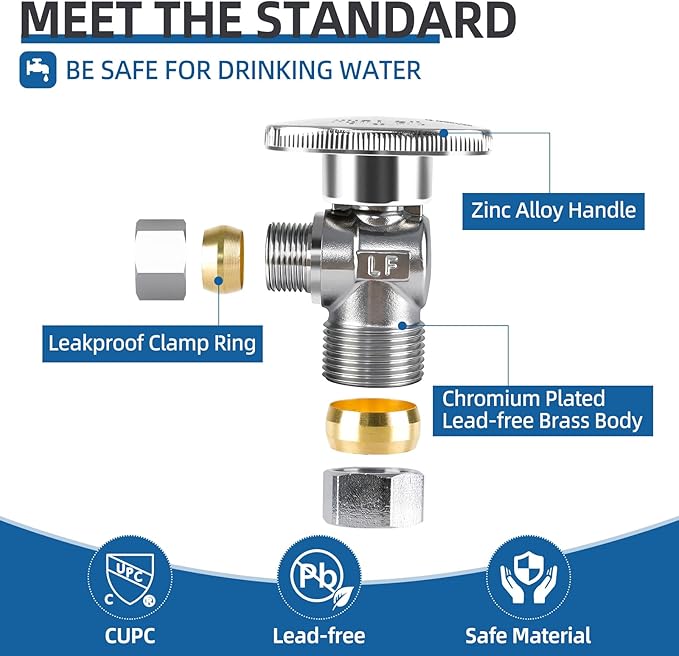 (10 Pack) BH Angle Stop Valve 1/2" Nominal Compression x 3/8" OD, 1/4-Turn Shut Off Valve, Chrome Plated Brass, for Bathroom Toilet Kitchen Shower Plumbing