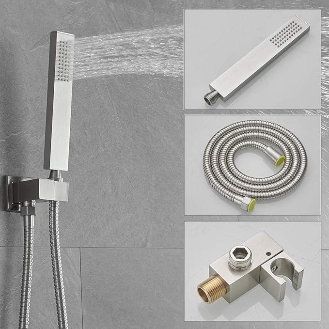 10 Inch Ceiling Mounted Shower System Rain Mixer Shower Combo Set Rainfall Shower Head System Brushed Nickel Shower Faucet Rough-in Valve Body and Trim Kit Included