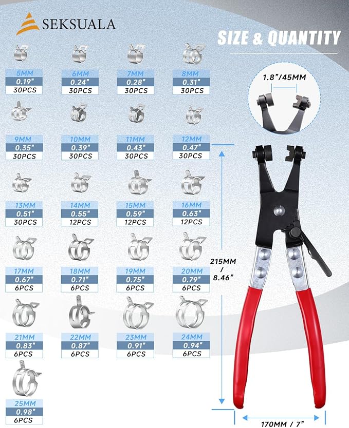 360Pcs 1/5" to 1" (5-25mm) Spring Band Hose Clamps Assortment Kit with Swivel Flat Hose Clamp Plier, SEKSUALA Constant Tension Steel Clamps for Fuel Lines, Silicone,Vacuum Hoses (Grey)