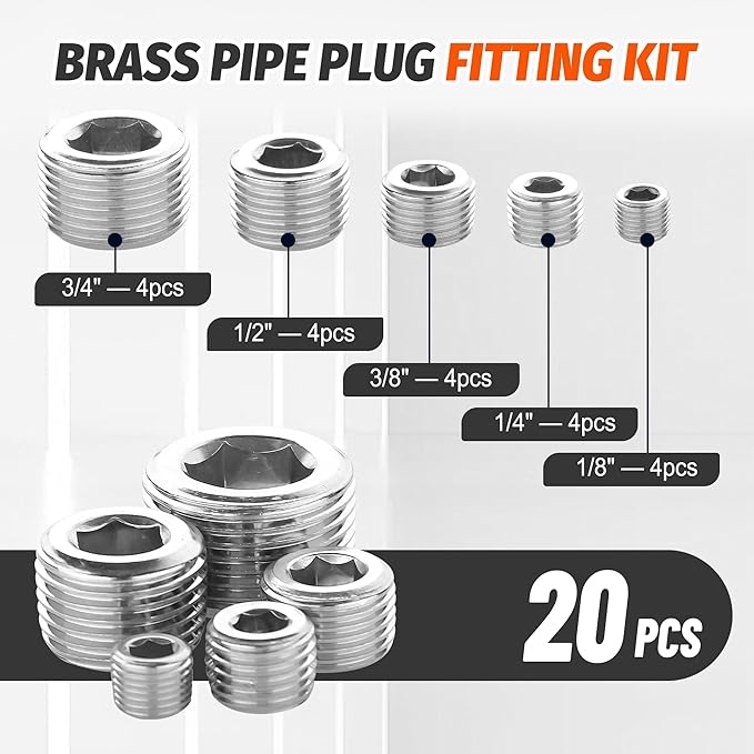 20 Pcs 304 Stainless Steel Pipe Plug Fitting Assortment Kit,1/8" 1/4" 3/8" 1/2" 3/4" NPT Male Internal Hex Thread Socket Pipe Plug,5 Sizes
