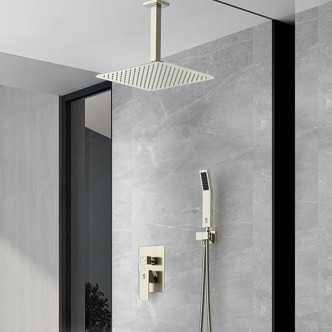 SR SUN RISE 12 Inch Ceiling Mount Brushed Nickel Shower System Bathroom Luxury Rain Mixer Shower Combo Set Ceiling Rainfall Shower Head System Faucet Trim Repair Kits with Rough-in Valve and Trim