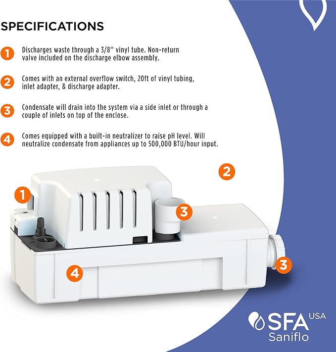SFA SANIFLO - Sanicondens Best Flat - Condensate Pump with Built-in Neutralizer - 500,000 BTU Capability - Condensing Boilers, HVAC Systems & Water Heater Systems - 4 Years Warranty - Made In France