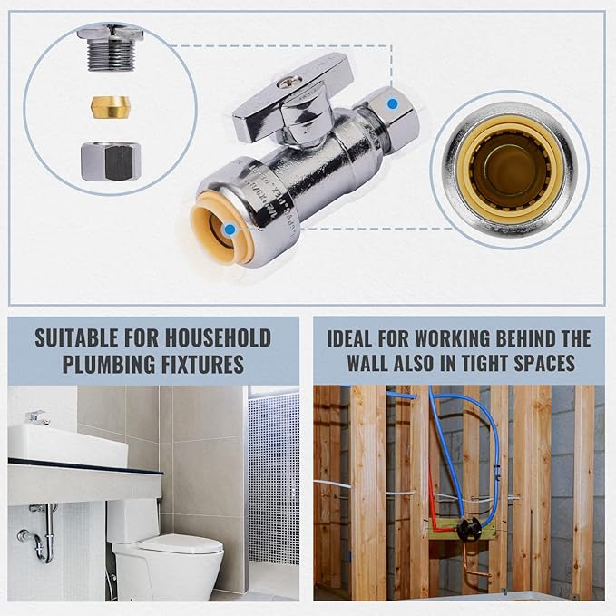 Straight Stop Valve, 12-Pack SUNGATOR Straight Water Shut Off Valve 1/2 x 3/8 Inch Compression, Toilet Water Shutoff, 1/4 Turn, No Lead Brass Push-to-Connect Plumbing Fittings for PEX Pipe,Copper,CPVC