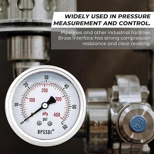 0-60 Psi Glycerin Liquid Filled Low Pressure Gauge, 2.5" Dial Size, 1/4" NPT Back Mount, 304 Stainless Steel Case, for Water Pipe, HVAC, Water Oil Air Pressure Test
