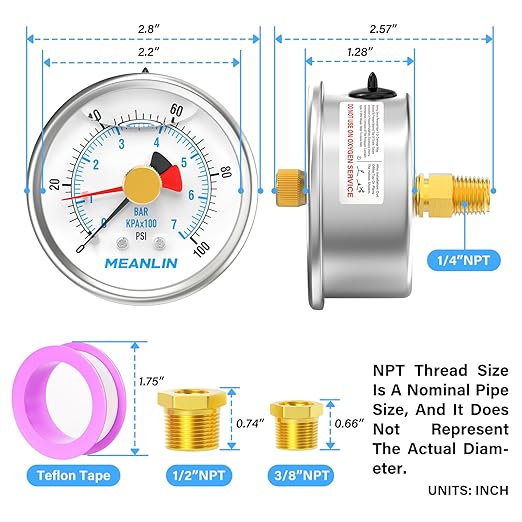 MEANLIN MEASURE 0~100Psi Stainless Steel 1/4" NPT 2.5" FACE DIAL with Reset Pointer Liquid Filled Pressure Gauge WOG Water Oil Air, Back Mount, with Brass Hex Bushing