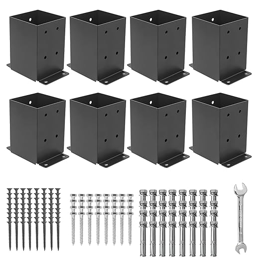 4×4 Post Base 8 Pcs, (Inner Size 3.6"x3.6") Post Brackets, Heavy Duty Black Metal Powder-Coated Thick Steel Post Anchor Outdoor for Support Deck Base Plate Pergola Brackets Fence Kit