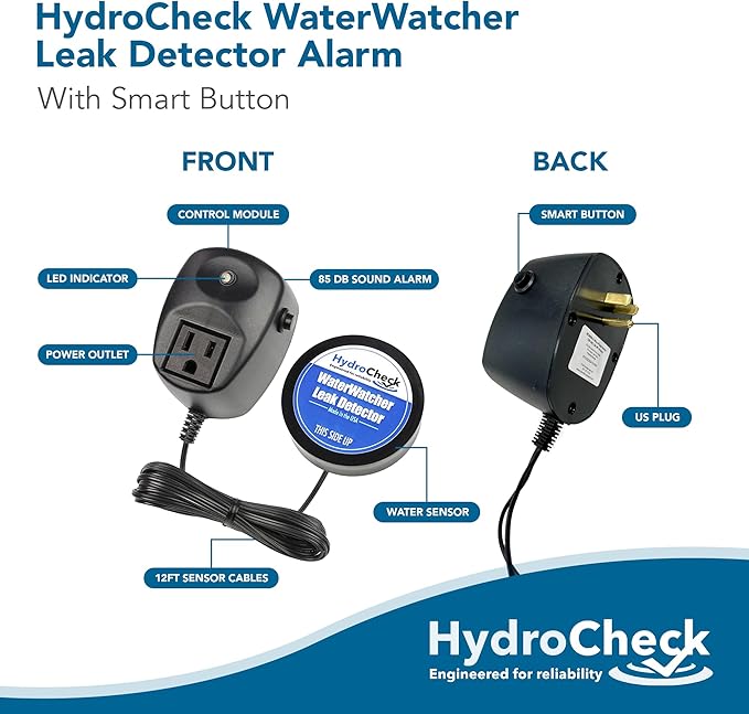 Water Sensor Alarm, Smart Water Leak Detector for Home & Basements | Made in The USA | Automatic Flood Detectors and Water Alarm, Pure Water Capable (WaterWatcher)