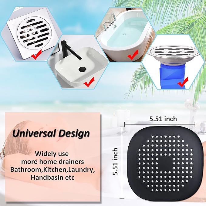Hair Drain Catcher,Square Drain Cover for Shower Silicone Hair Stopper with Suction Cup,Easy to Install Suit for Bathroom,Bathtub,Kitchen 2 Pack (Sliver Grey Black)
