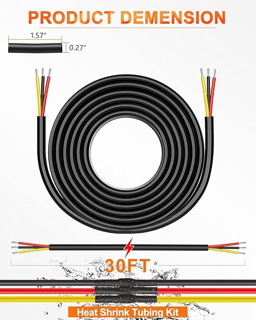 NAOEVO 18 Gauge Wire 3 Conductor Electrical Wire, 18 AWG Stranded PVC Cord, 12V Low Voltage/Tinned Copper/Flexible Cable for Automotive Wiring, Lamp Cord, Marine Cable (30FT)