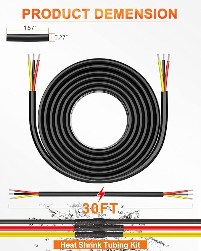 NAOEVO 14 Gauge Wire 3 Conductor Electrical Wire, 14 AWG Stranded PVC Cord, 12V Low Voltage/Tinned Copper/Flexible Cable for Automotive Wiring, Lamp Cord, Marine Cable (30FT)