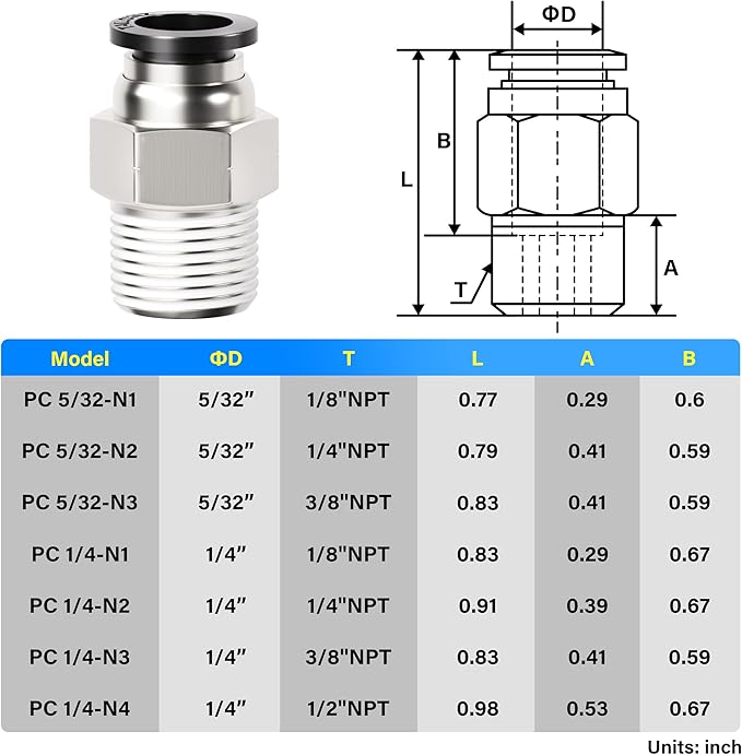 TAILONZ PNEUMATIC Elbow and Straight Combination 5/32 Inch Tube OD x 1/8 Inch NPT Thread Push to Connect Fittings PC-5/32-N1+PL-5/32-N1(Pack of 4)