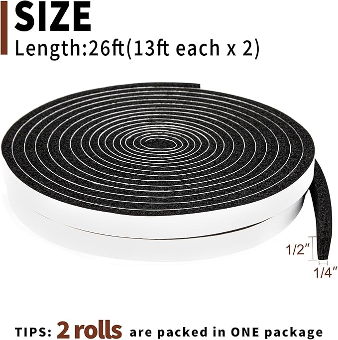 Yotache Open Cell Self-Adhesive Foam Seal Tape 1/2" x1/4", Weather Stripping for Door Insulation, Soundproof, Weatherstrip, 13 FT x 2Pcs