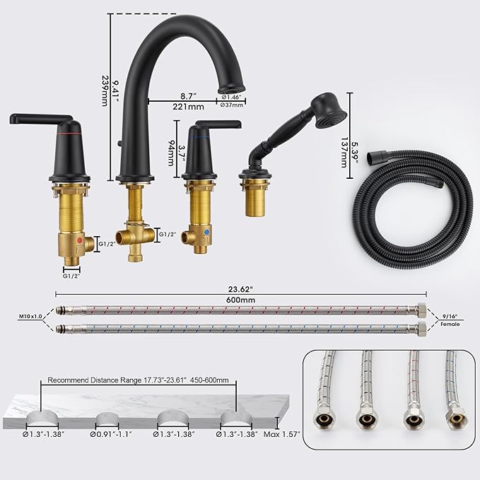Roman Tub Faucet Set with Hand Shower, KRUZOO Bathtub Faucet Set Trim Kit with Rough-in Valve, Deck Mount Widespread 4 Hole Brass Tub Filler, KZ-9608BK, Matte Black