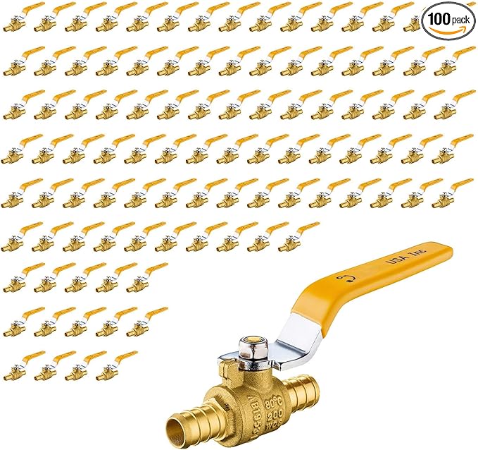 100 Pack Ball Valves, 3/4" Pex Crimp Shut Off Valve Yellow, Brass Full Port Pex B Shut Off Ball Valve for Hot and Cold Water, NSF/ANSI 61 Certified