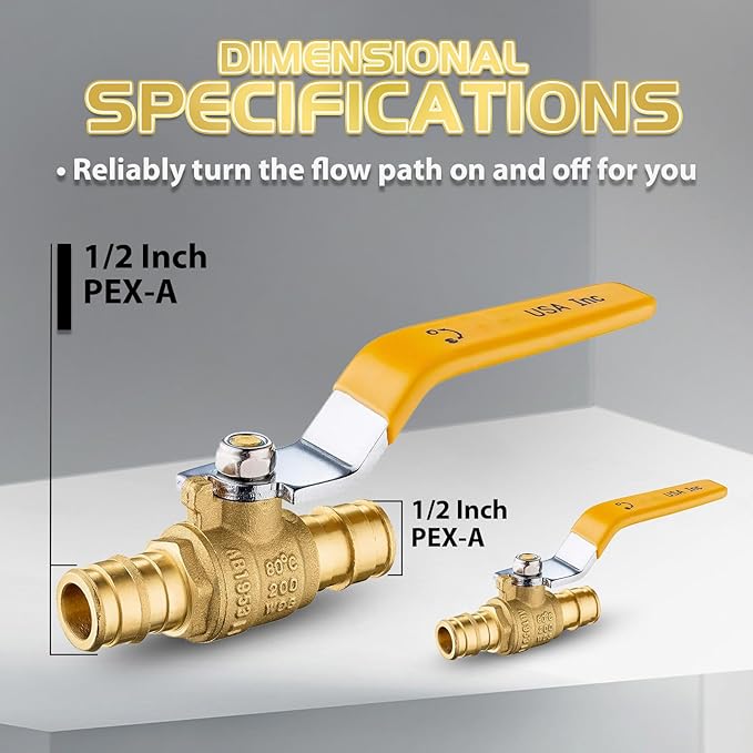 10-Pack Foskan 1/2" Brass PEX-A Ball Valve with Yellow Handle, Quarter Turn Full Port Valve for PEX-A Pipe Connection