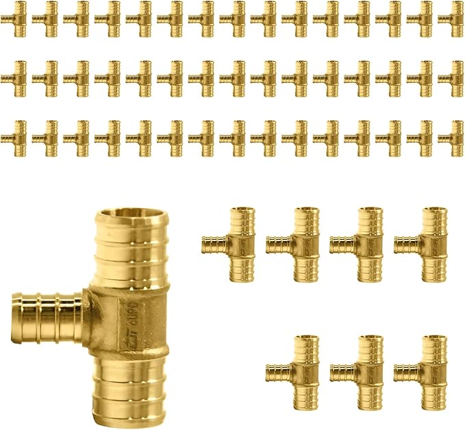 50-Pack PEX Fittings Niikappu 3/4"x3/4"x1/2" Pex Tee, Brass Crimp Pipe Fittings for PEX Pipes, ASTM F1807