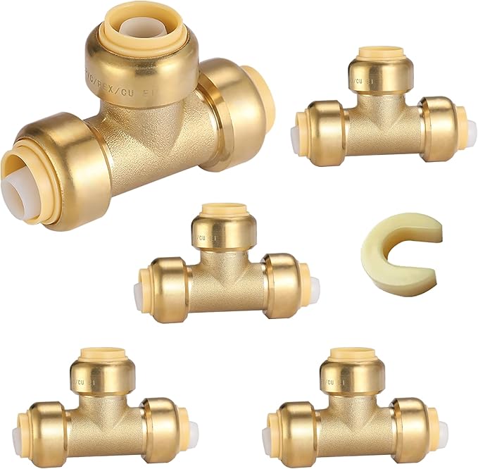 HeSun 5-Pack Pushfit Tee, 1/2"x1/2"x1/2" Push to Connect Plumbing Fittings with Disconnect Clip, Brass Push-fit Fittings for PEX, Copper, CPVC, PE-RT Pipes