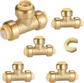 HeSun 5-Pack Pushfit Tee, 1/2"x1/2"x1/2" Push to Connect Plumbing Fittings with Disconnect Clip, Brass Push-fit Fittings for PEX, Copper, CPVC, PE-RT Pipes