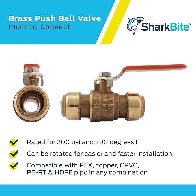 SharkBite 3/4 Inch Ball Valve, Push to Connect Brass Plumbing Fitting, Water Shut Off, PEX Pipe, Copper, CPVC, PE-RT and HDPE Pipe, 22185-0000LFA