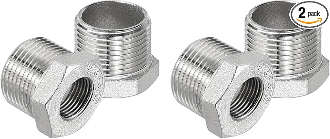 PATIKIL 304 Stainless Steel Reducer Hex Bushing 2 Pcs, 3/4" BSPT Male to 3/8" BSPT Female Pipe Reducing Adapter Fitting Connector for Water Gas Hydraulic Pipes Shower Hose, Silver