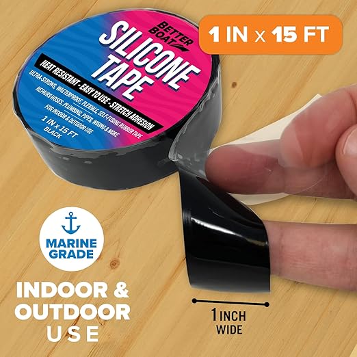 Better Boat Black Heavy Duty Silicone Tape, Self-Fusing Rubber Hose and Plumbing Water Pipe Repair Seal, Coax Electrical or Waterproof Tape for Leaks, 15ft