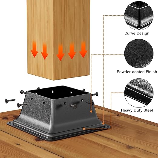 4x4 Post Base 4Pcs, Internal 3.6"x3.6" Heavy Duty Powder-Coated Steel Post Bracket Fit for Standard Wood Post Anchor, Decking Post Base for Deck Porch Handrail Railing Support with Screws