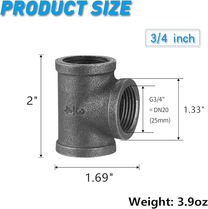 3/4" Pipe Fitting Tee, 10 Pack DN20 Threaded Gray Cast Malleable Iron for Steampunk Vintage Shelf Bracket DIY Plumbing Pipe Decor Furniture (10, 3/4")