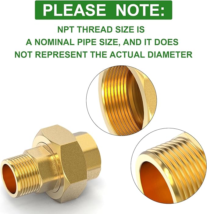 TAISHER 2PCS Brass Union，1/2" NPT Male x 1/2" NPT Female Brass Pipe Fitting