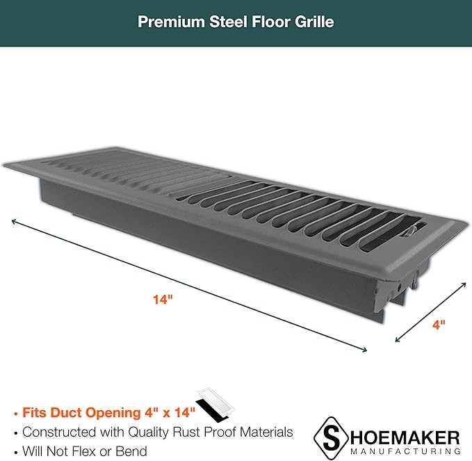 Shoemaker 4x14 Floor Register – Storm Gray Heavy Duty Metal Floor Vent Cover for Home Floors - Premium Forced Air Vent Covers