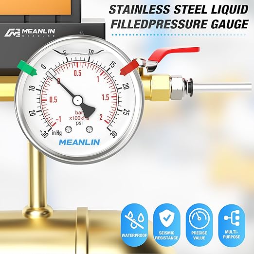MEANLIN MEASURE -30inHG~30Psi Vacuum Pressure Gauge 316 Stainless Steel Joint 1/4" NPT 2.5" FACE DIAL, Stainless Steel Liquid Filled Pressure Gauge WOG Water Oil Air Back Mount, 2PCS Snaps